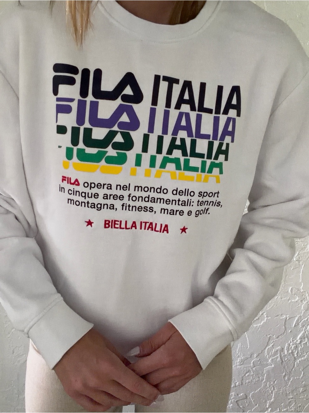 Fila White Crewneck Sweater with Multicolor Italia Graphic